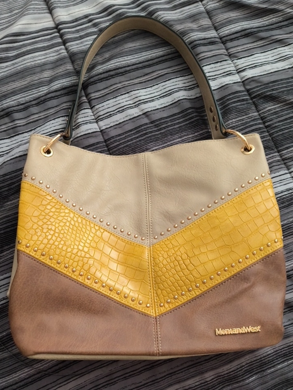 Montana West Tri-Panel Shoulder Bag in Yellow, Cream & Taupe - Picture 1 of 1